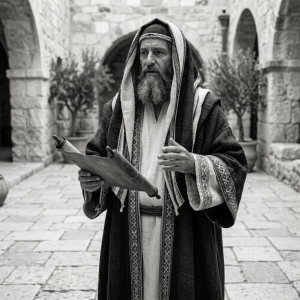 Man in robes holding and reading an ancient scroll in stone courtyard