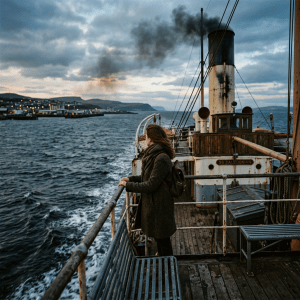 Woman standing on vintage ferry deck overlooking water and coastal town at dusk