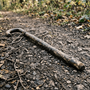 Old wooden walking cane laying on a dirt and gravel trail with scattered leaves