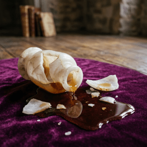 Broken alabaster vase with dark liquid spilled on purple fabric