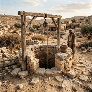 Man in traditional clothing at stone water well in desert village