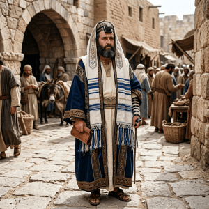 Man in traditional Middle Eastern robes holding a scroll in a marketplace
