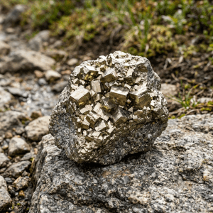 Cluster of metallic pyrite crystals resting on a rock outdoors