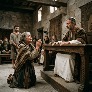 Kneeling woman praying before a robed religious leader in a stone sanctuary